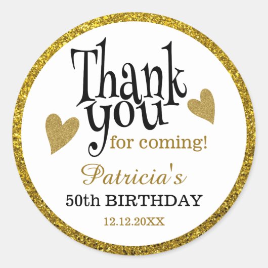 Zwart en goud Glitter 50ste verjaardag dank u Ronde Sticker (Voorkant)