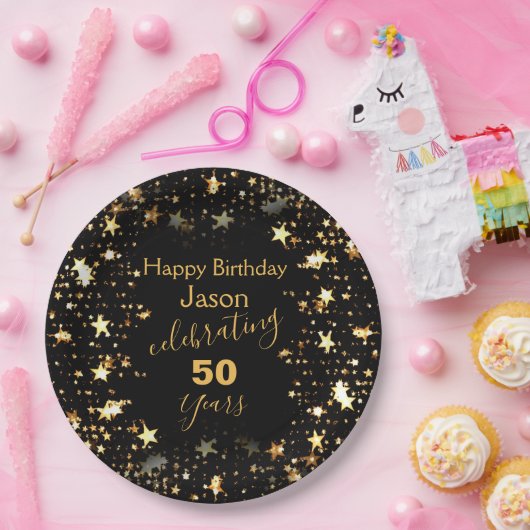 Zwart en Goud Glitter 50ste Verjaardagsfeest Papieren Bordje (Feest)