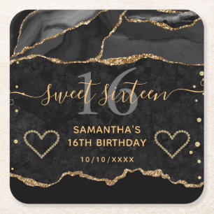 Zwart en Goud Glitter Agate Marmer Sweet 16 Kartonnen Onderzetters