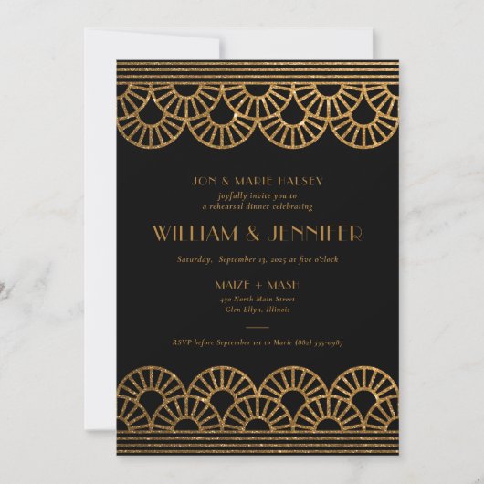 Zwart en Goud Glitter Art Deco Repetitie Diner Kaart (Voorkant)