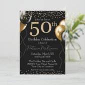 Zwart en Goud Glitter Ballonnen 50e Verjaardag Kaart (Staand voorkant)