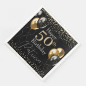 Zwart en Goud Glitter Ballonnen 50e Verjaardag Servet (Hoek)