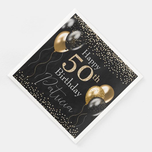 Zwart en Goud Glitter Ballonnen 50e Verjaardag Servet (Hoek)