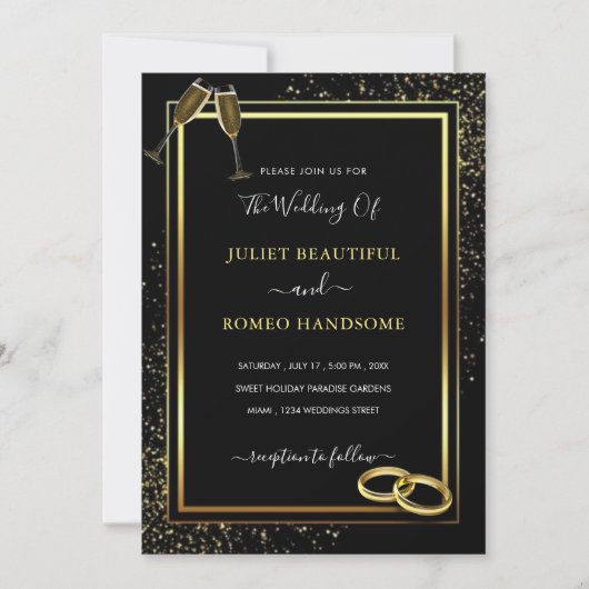 Zwart en Goud Glitter Bruiloft Uitnodiging Kaart (Voorkant)