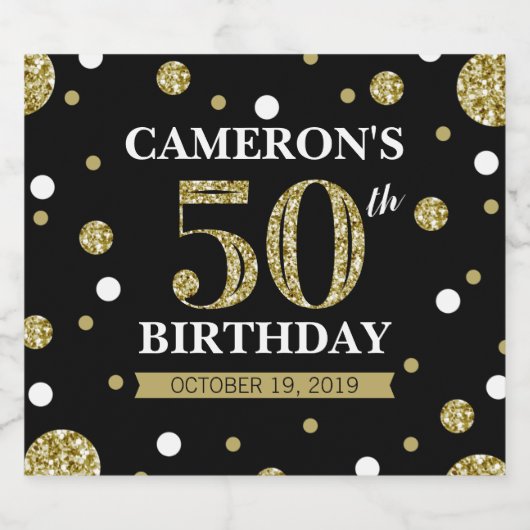 Zwart en Goud Glitter Confetti Verjaardag Bier Etiket (Enkel label)