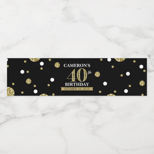 Zwart en Goud Glitter Confetti Verjaardags Wrap Waterfles Etiket (Enkel label)