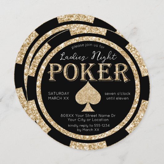 Zwart en Goud Glitter Dames Night Poker Chip Kaart (Voorkant / Achterkant)