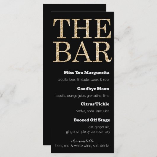 Zwart en Goud Glitter Drinken Menu voor The Bar (Voorkant / Achterkant)