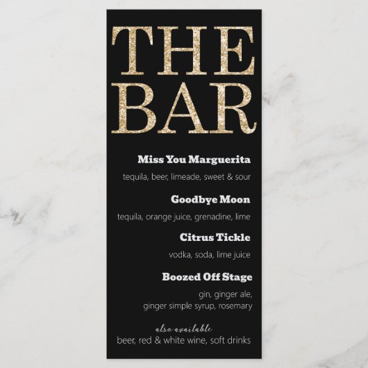 Zwart en Goud Glitter Drinken Menu voor The Bar (Voorkant)