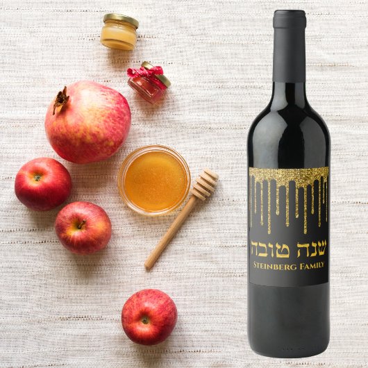 Zwart en Goud Glitter Drip Hebreeuws Rosh Hashanah Wijn Etiket