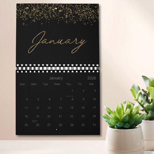 Zwart en Goud Glitter Elegant Modern Schrift 2026 Kalender