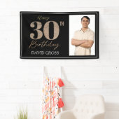 Zwart en Goud Glitter Foto 30e Verjaardag Spandoek (Insitu)