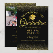 Zwart en Goud Glitter Foto Afstuderen Aankondiging (Voorkant / Achterkant)