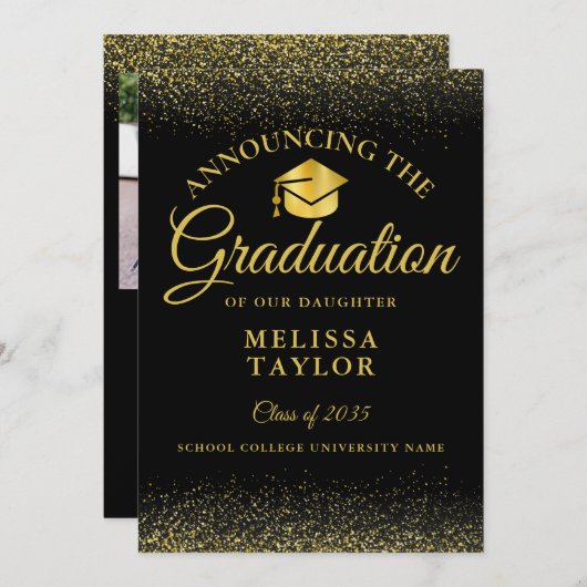 Zwart en Goud Glitter Foto Afstuderen Aankondiging (Voorkant / Achterkant)