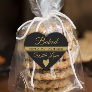 Zwart en goud glitter gebakken met liefde naam hart sticker