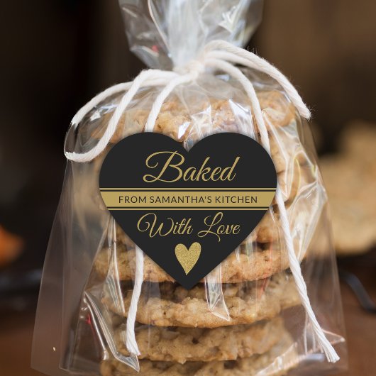 Zwart en goud glitter gebakken met liefde naam hart sticker