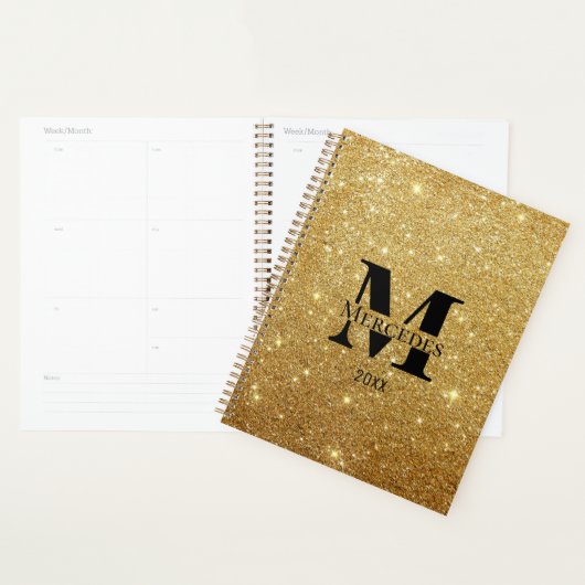 Zwart en Goud Glitter Gepersonaliseerd Monogram Da Planner (Display)