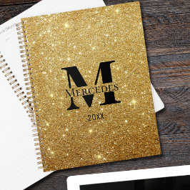 Zwart en Goud Glitter Gepersonaliseerd Monogram Da Planner