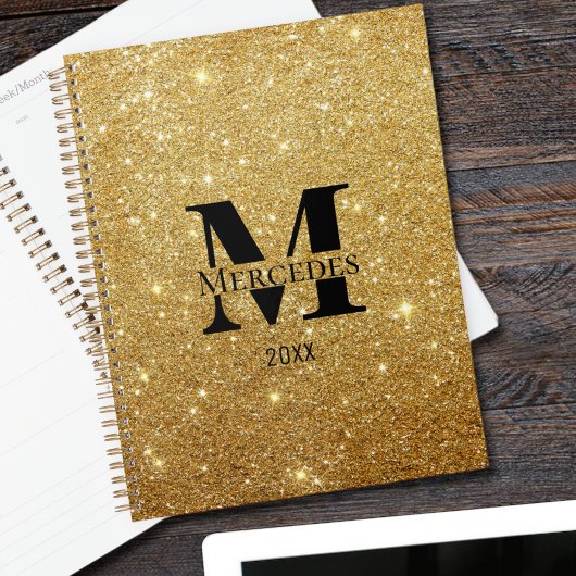 Zwart en Goud Glitter Gepersonaliseerd Monogram Da Planner