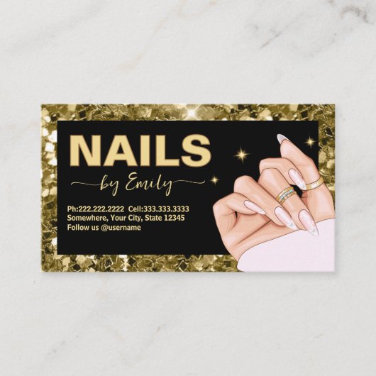Zwart en goud Glitter Hand nagelsalon Manicurist Afsprakenkaartje (Voorkant)