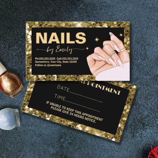Zwart en goud Glitter Hand nagelsalon Manicurist Afsprakenkaartje