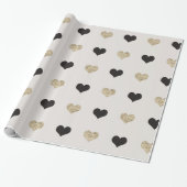 Zwart en Goud Glitter Hearts Wrapping Paper Cadeaupapier (Uitgerold)