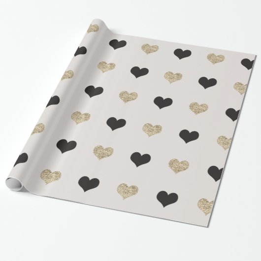 Zwart en Goud Glitter Hearts Wrapping Paper Cadeaupapier (Uitgerold)