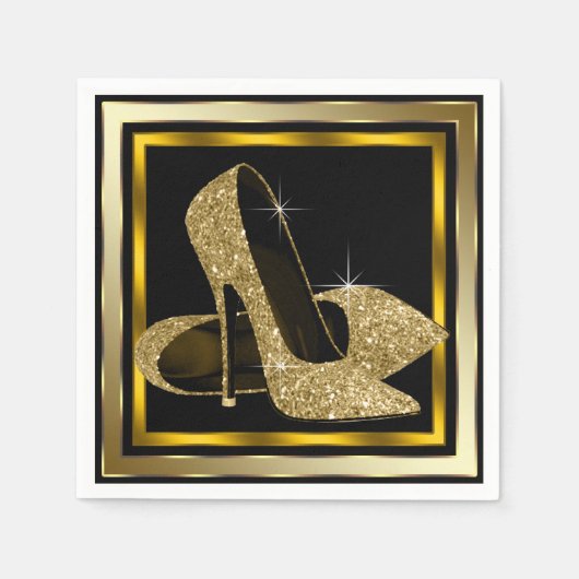 Zwart en goud Glitter High Heel Servetten (Voorkant)