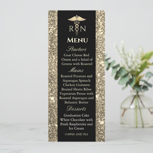 Zwart en Goud Glitter Medisch Afstuderen Menu Kaart (Staand voorkant)