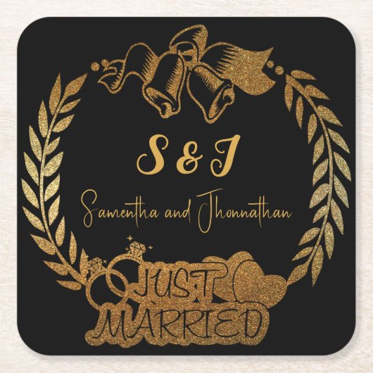 Zwart en Goud Glitter Monogram Gewoon Getrouwd Kartonnen Onderzetters (Voorkant)