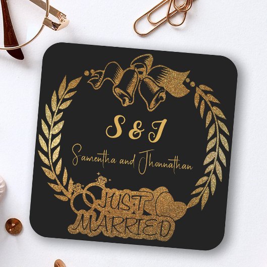 Zwart en Goud Glitter Monogram Gewoon Getrouwd Kartonnen Onderzetters