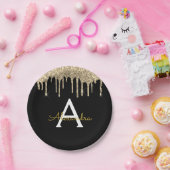 Zwart en Goud Glitter Monogram Verjaardag Papieren Bordje (Feest)