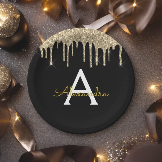 Zwart en Goud Glitter Monogram Verjaardag Papieren Bordje