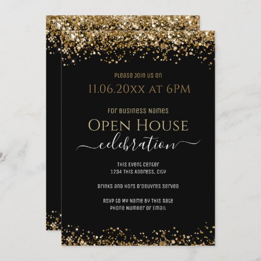Zwart en Goud Glitter Open House Business Kaart (Voorkant / Achterkant)