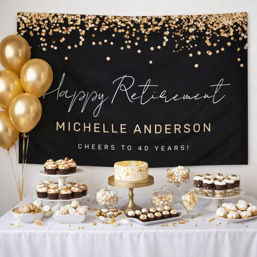 Zwart en Goud Glitter Pensioen Party Banner