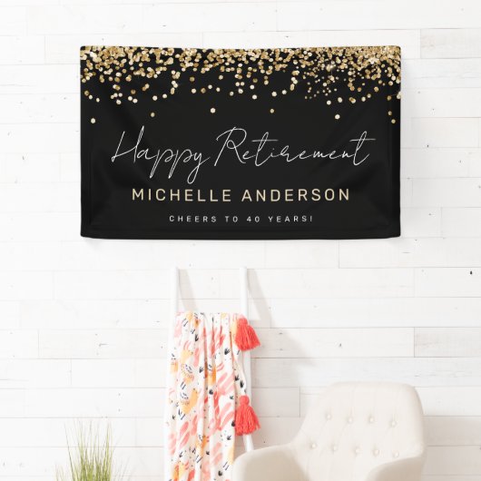Zwart en Goud Glitter Pensioen Party Banner (Insitu)