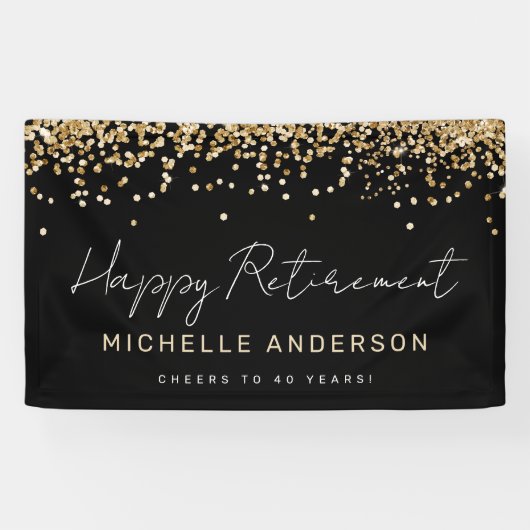 Zwart en Goud Glitter Pensioen Party Banner (Horizontaal)