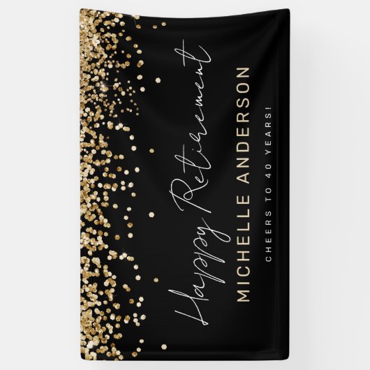 Zwart en Goud Glitter Pensioen Party Banner (Verticaal)