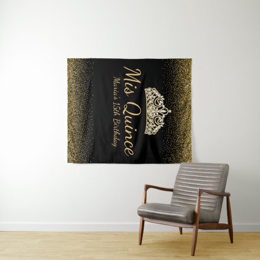 Zwart en Goud Glitter Quinceanera Wandkleed (In Situ (horizontaal))