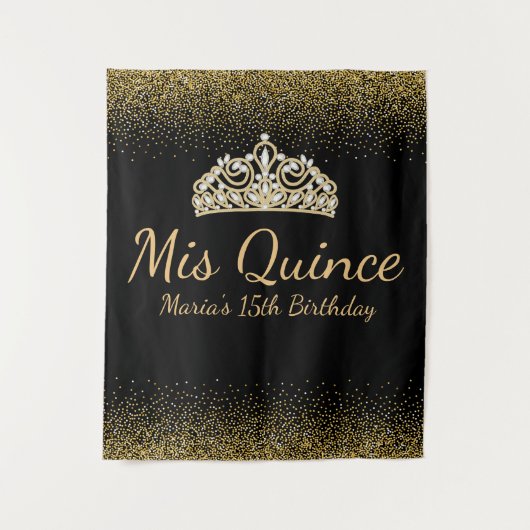 Zwart en Goud Glitter Quinceanera Wandkleed (Voorkant)