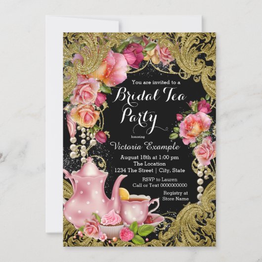 Zwart en Goud Glitter Roos Tea Party Kaart (Voorkant)