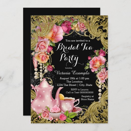 Zwart en Goud Glitter Roos Tea Party Kaart (Voorkant / Achterkant)