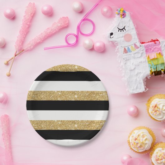 Zwart en goud Glitter Stripes Papieren Bordje (Feest)