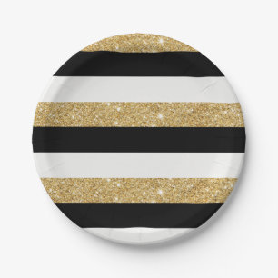 Zwart en goud Glitter Stripes Papieren Bordje