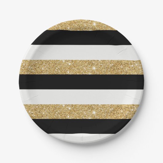 Zwart en goud Glitter Stripes Papieren Bordje (Voorkant)