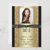 Zwart en Goud Glitter Sweet 16 Party Kaart (Voorkant)