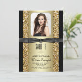 Zwart en Goud Glitter Sweet 16 Party Kaart (Staand voorkant)