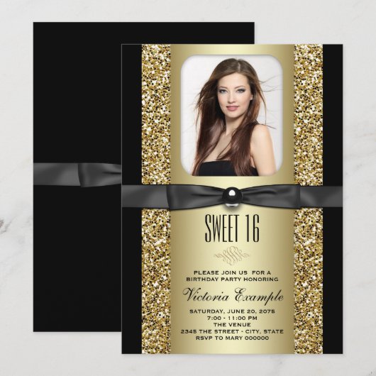 Zwart en Goud Glitter Sweet 16 Party Kaart (Voorkant / Achterkant)