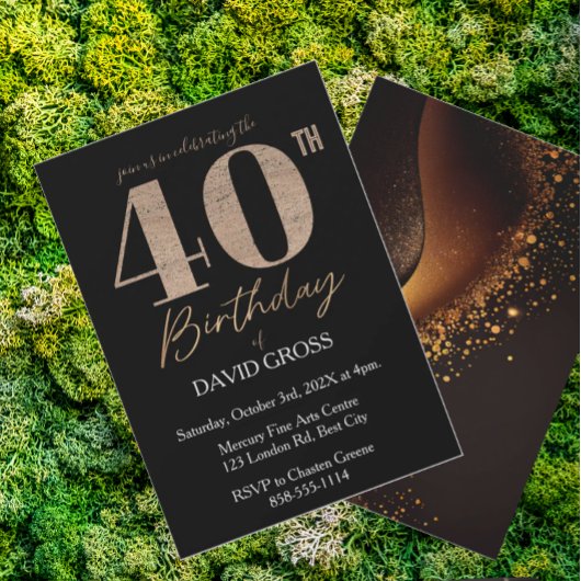 Zwart en Goud Glitter Swirl 40ste Verjaardag Kaart