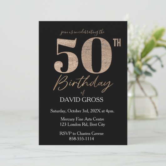 Zwart en goud Glitter Swirl 50e verjaardag Kaart (Staand voorkant)